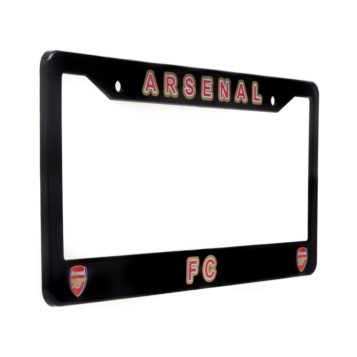 Black Arsenal FC license plate frame with red and gold text and logos on a white background