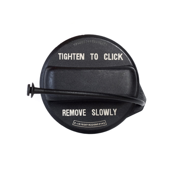 A black Honda Fuel Tank Gas Cap 17670-T3W-A01 with white printed instructions reading 'TIGHTEN TO CLICK' and 'REMOVE SLOWLY', shown on a plain white background.