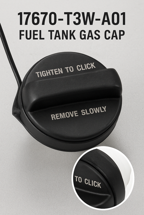 Honda Fuel Tank Gas Cap 17670-T3W-A01 with printed white text instructions 'TIGHTEN TO CLICK' and 'REMOVE SLOWLY', shown on a light gray background with a circular inset close-up of the cap surface and model text '17670-T3W-A01 FUEL TANK GAS CAP' at the top.