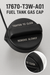 Honda Fuel Tank Gas Cap 17670-T3W-A01 with printed white text instructions 'TIGHTEN TO CLICK' and 'REMOVE SLOWLY', shown on a light gray background with a circular inset close-up of the cap surface and model text '17670-T3W-A01 FUEL TANK GAS CAP' at the top.