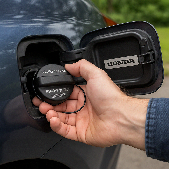A close-up of a person's hand removing a black fuel cap cover from a Honda car's open fuel tank. The black fuel cap lid has white text reading 'TIGHTEN TO CLICK' and 'REMOVE SLOWLY'.