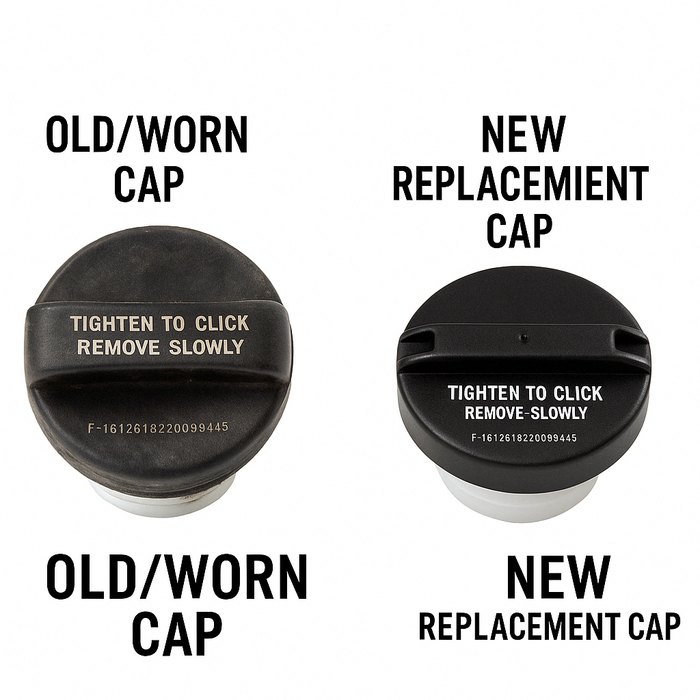 Two black Honda Fuel Tank Gas Cap 17670-T3W-A01 shown side by side on a white background, labeled 'OLD/WORN CAP' and 'NEW REPLACEMENT CAP' with instructional text 'TIGHTEN TO CLICK REMOVE SLOWLY' printed on the caps.