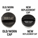 Two black Honda Fuel Tank Gas Cap 17670-T3W-A01 shown side by side on a white background, labeled 'OLD/WORN CAP' and 'NEW REPLACEMENT CAP' with instructional text 'TIGHTEN TO CLICK REMOVE SLOWLY' printed on the caps.
