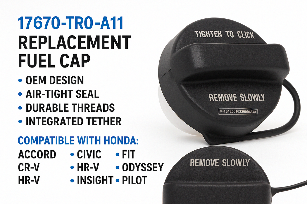 Black Honda 17670-TR0-A11 Fuel Cap for Honda mowers and ATVs, shown from multiple angles with text detailing features and compatible models including Accord, Civic, Fit, HR-V, Odyssey, Insight, and Pilot.