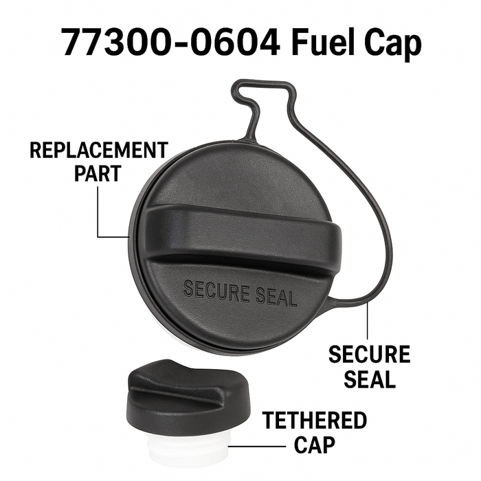 Black Toyota Lexus Scion Fuel Tank Gas Cap 77300-06040 p, labeled with text '77300-0604 Fuel Cap', 'REPLACEMENT PART', 'SECURE SEAL', and 'TETHERED CAP' on a white background.