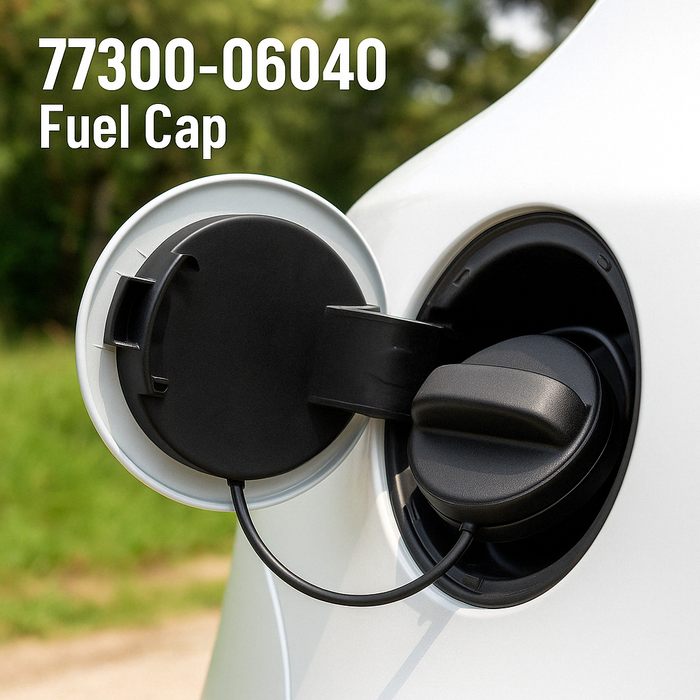 A Toyota Lexus Scion Fuel Tank Gas Cap 77300-06040  with its cover open, inserted into a white vehicle's fuel port. White text in the top left reads '77300-06040 Fuel Cap'.