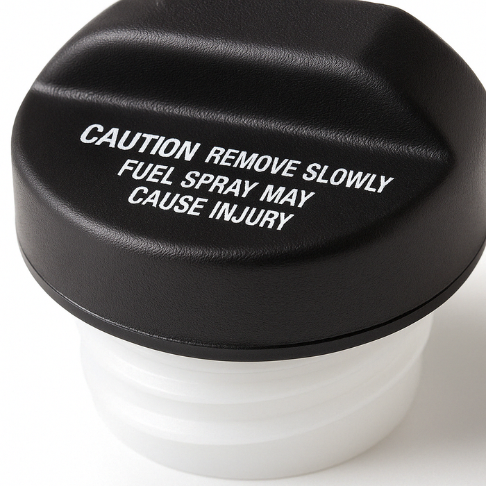 A close-up of a black Toyota 77310-12140 Fuel Cap with white warning text reading 'CAUTION REMOVE SLOWLY FUEL SPRAY MAY CAUSE INJURY' on a white background.