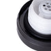 Close-up of a black Toyota 77310-12140 Fuel Cap with a white threaded plastic insert on a white background.