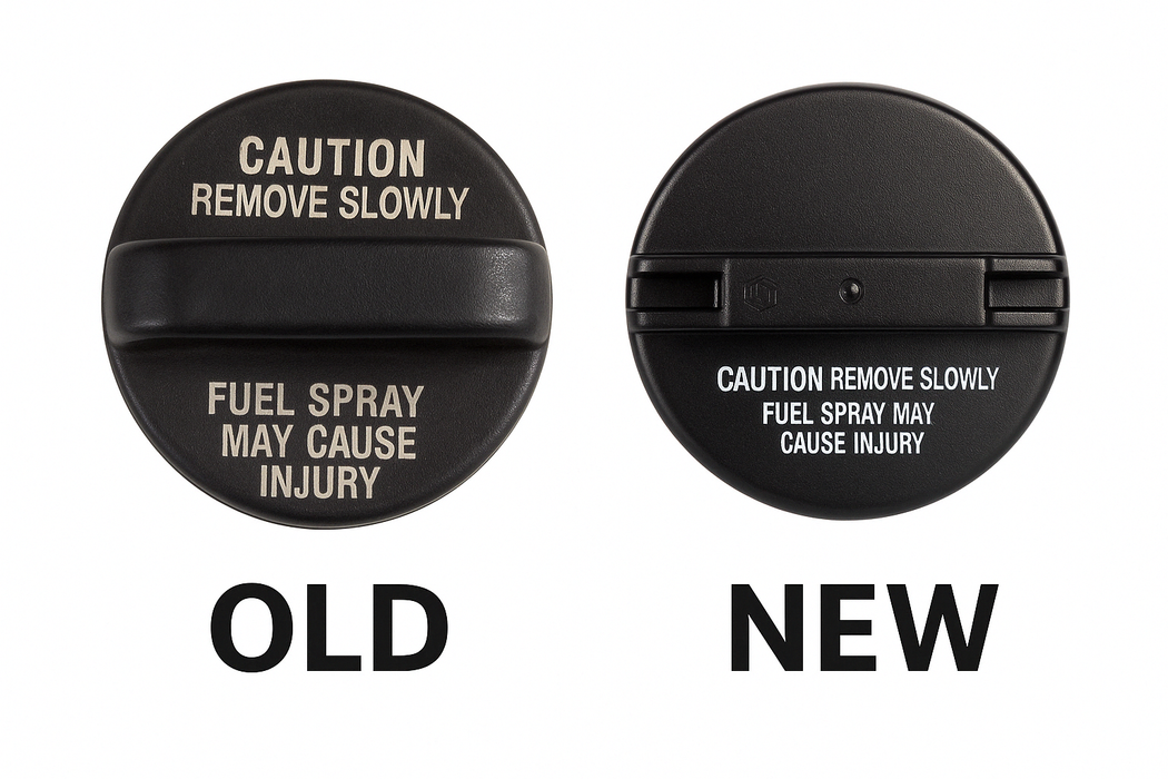 A side-by-side comparison of a black Toyota 77310-12140 Fuel Cap lid labeled 'OLD' on the left and 'NEW' on the right, with warning text printed in white. The new version has a small red circle around the central hinge area.