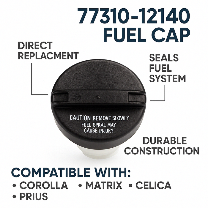 A black Toyota 77310-12140 Fuel Cap shown on a white background with text callouts reading 'DIRECT REPLACEMENT', 'SEALS FUEL SYSTEM', 'DURABLE CONSTRUCTION', and 'COMPATIBLE WITH: COROLLA MATRIX CELICA PRIUS'.