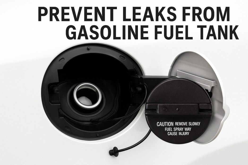 A Toyota 77310-12140 Fuel Cap shown open on a white background with large text reading 'PREVENT LEAKS FROM GASOLINE FUEL TANK.'