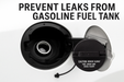 A Toyota 77310-12140 Fuel Cap shown open on a white background with large text reading 'PREVENT LEAKS FROM GASOLINE FUEL TANK.'
