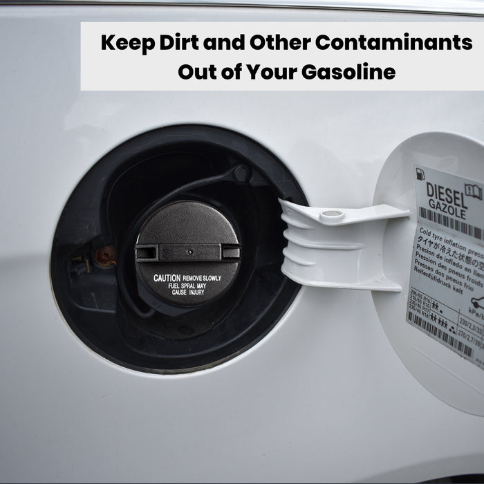 Close-up of a white vehicle fuel door open to reveal the gasoline tank opening, with overlaid text reading 'Keep Dirt and Other Contaminants Out of Your Gasoline.'.