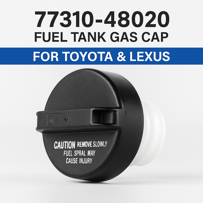 Black Toyota Lexus Fuel Gas Cap 77310-48020 with white text warning, shown on a light gray background with text overlay reading '77310-48020 FUEL TANK GAS CAP FOR TOYOTA & LEXUS'.