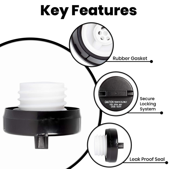 A product feature diagram on a white background showing a black and white Toyota Lexus Fuel Gas Cap 77310-48020 with three circular callouts labeled Rubber Gasket, Secure Locking System, and Leak Proof Seal, under the heading Key Features.