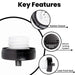 A product feature diagram on a white background showing a black and white Toyota Lexus Fuel Gas Cap 77310-48020 with three circular callouts labeled Rubber Gasket, Secure Locking System, and Leak Proof Seal, under the heading Key Features.
