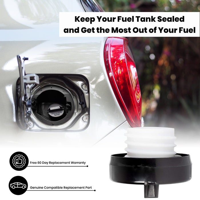A Toyota Lexus Fuel Gas Cap 77310-48020 replacement part shown next to a car fuel tank opening, with text overlays reading 'Keep Your Fuel Tank Sealed and Get the Most Out of Your Fuel' and feature icons for 'Free 60 Day Replacement Warranty' and 'Genuine Compatible Replacement Part'.
