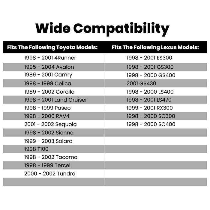 Compatibility chart listing compatible Toyota and Lexus vehicle models under the heading 'Wide Compatibility' on a white background.