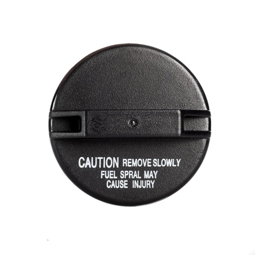 A Toyota Lexus Fuel Gas Cap 77310-48020 with white warning text reading 'CAUTION REMOVE SLOWLY FUEL SPRAL MAY CAUSE INJURY' on a plain white background.