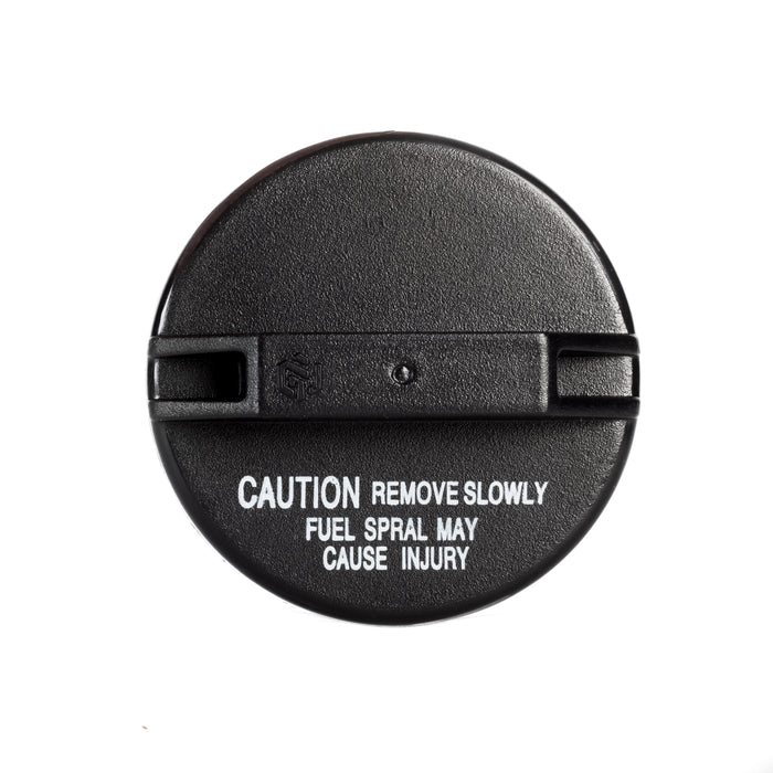 A Toyota Lexus Fuel Gas Cap 77310-48020 with white warning text reading 'CAUTION REMOVE SLOWLY FUEL SPRAL MAY CAUSE INJURY' on a plain white background.