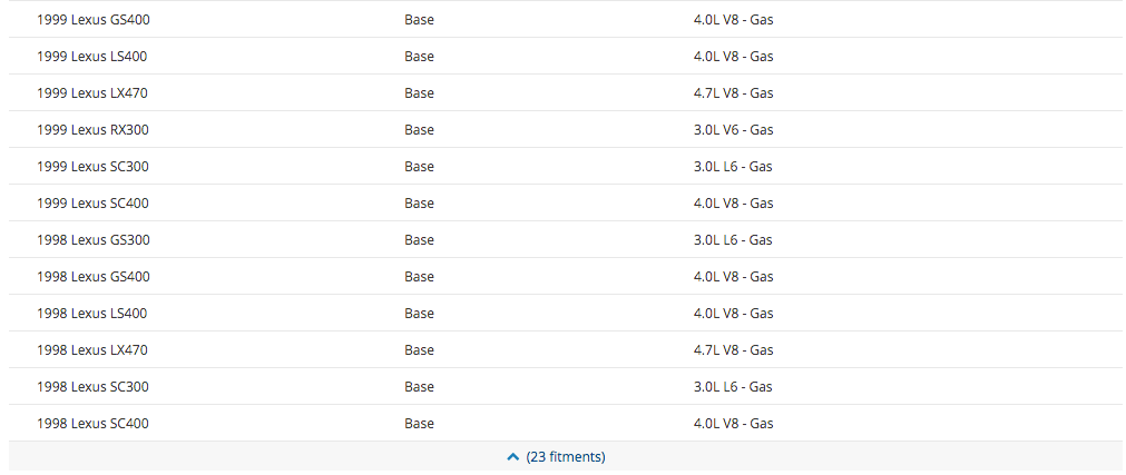 A digital table listing various Lexus vehicle models and their corresponding base engine configurations, such as 1999 Lexus GS400, 1999 Lexus LS400, and 1998 Lexus GS300, all labeled as 'Base' and '4.0L V8 - Gas'.