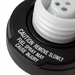 Close-up of a Toyota Lexus Fuel Gas Cap 77310-48020 fitting with white printed warning text reading 'CAUTION REMOVE SLOWLY FUEL SPRAY MAY CAUSE INJURY' and a white threaded opening visible above.