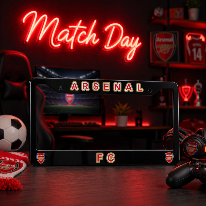 Arsenal FC on a desk with neon 'Match Day' sign and sports-themed decor.