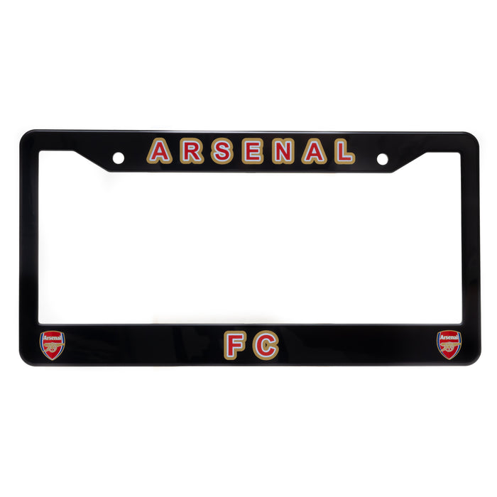 Black Arsenal FC license plate frame with red and yellow text on a white background
