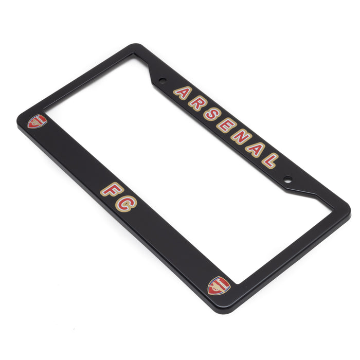 Black license plate frame with 'Arsenal FC' text and logos on a white background