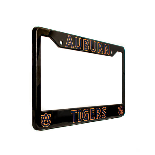 A glossy black license plate frame featuring 'AUBURN' and 'TIGERS' in orange outlined lettering, along with the Auburn Tigers logo, shown on a plain white background.