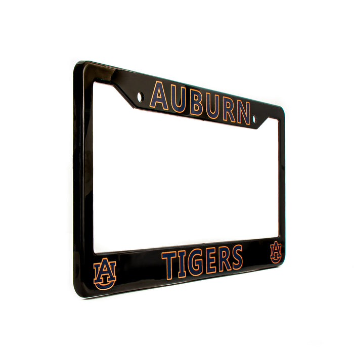 A glossy black license plate frame featuring 'AUBURN' and 'TIGERS' in orange outlined lettering, along with the Auburn Tigers logo, shown on a plain white background.