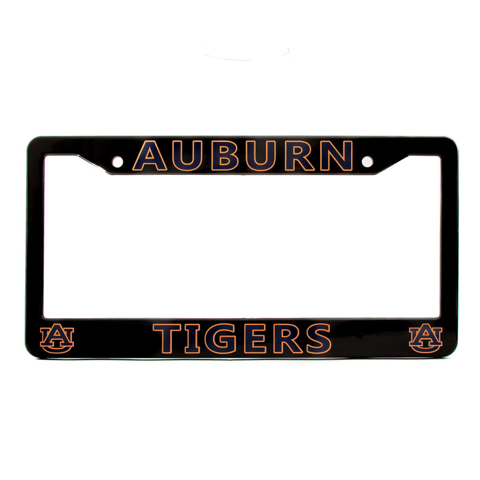 A black license plate frame featuring 'AUBURN' at the top and 'TIGERS' at the bottom in orange outline lettering, with Auburn Tigers 'AU' logos in the lower corners.