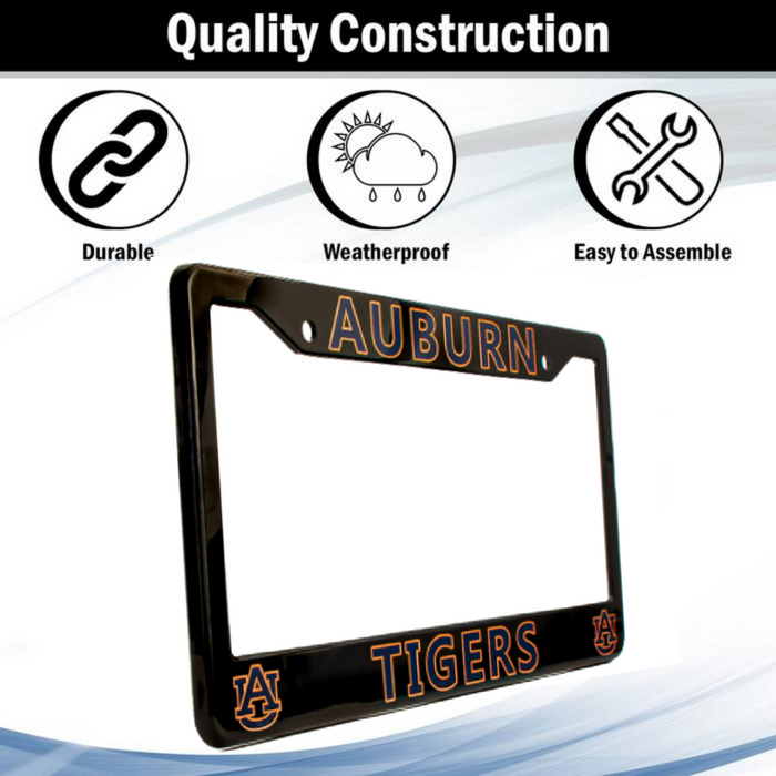 A black Auburn Tigers license plate frame with orange lettering, shown on a white background with feature icons and the text 'Quality Construction' above it.