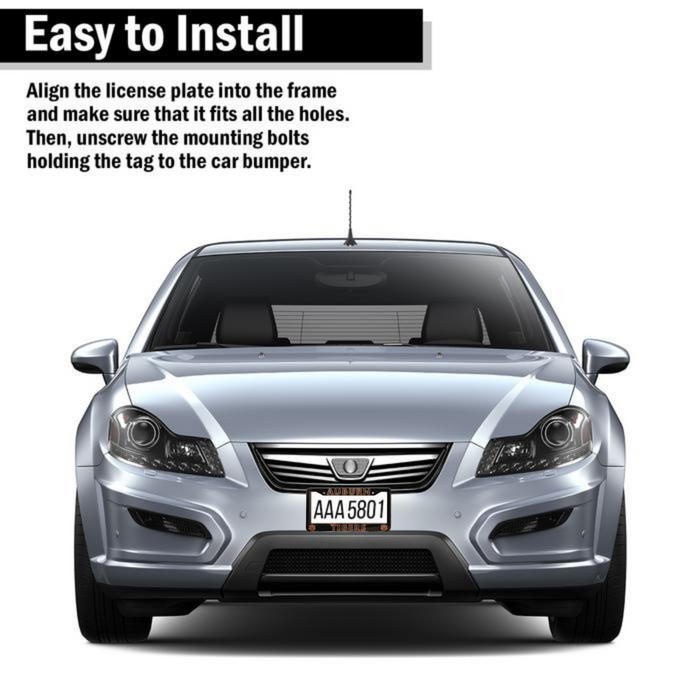 A silver sedan shown from the front with instructional text at the top reading 'Easy to Install' and a license plate mounted on the bumper. The image appears to demonstrate how a license plate frame or bumper plate mount fits onto the vehicle.