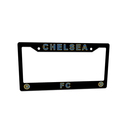 Black license plate frame with 'CHELSEA FC' text and logo on a white background