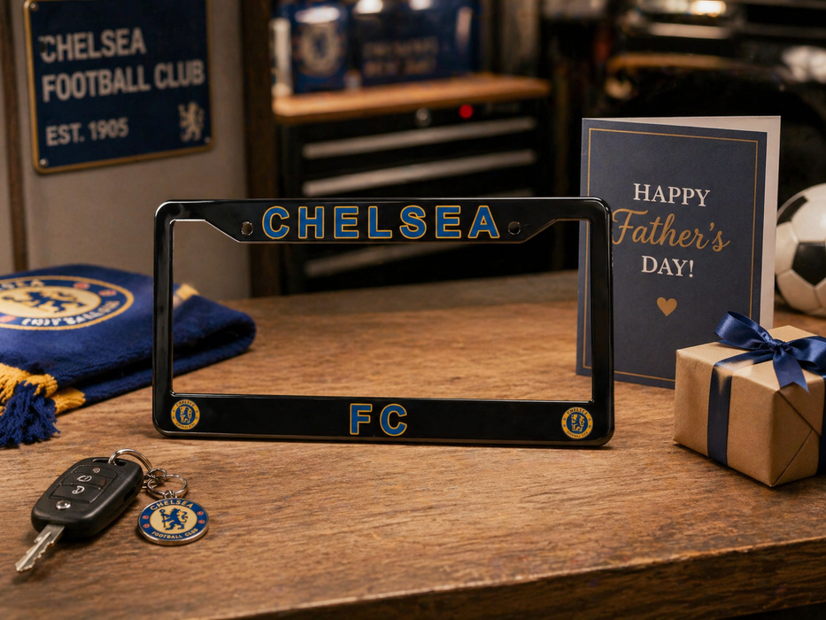Chelsea FC license plate frame on a table with football-themed decor