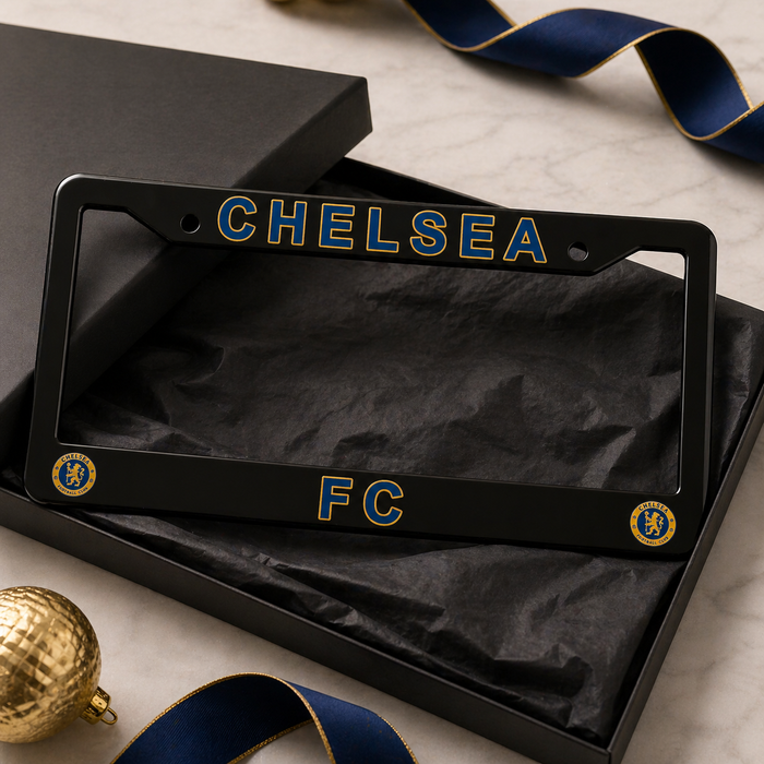 Black Chelsea FC license plate frame with gold lettering on a black box.