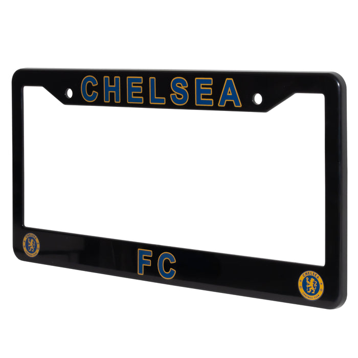 Black license plate frame with 'CHELSEA FC' text and logo on a white background