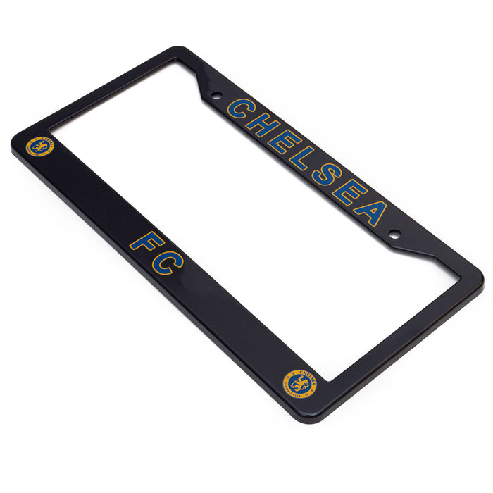 Black license plate frame with 'Chelsea FC' text and logo on a white background