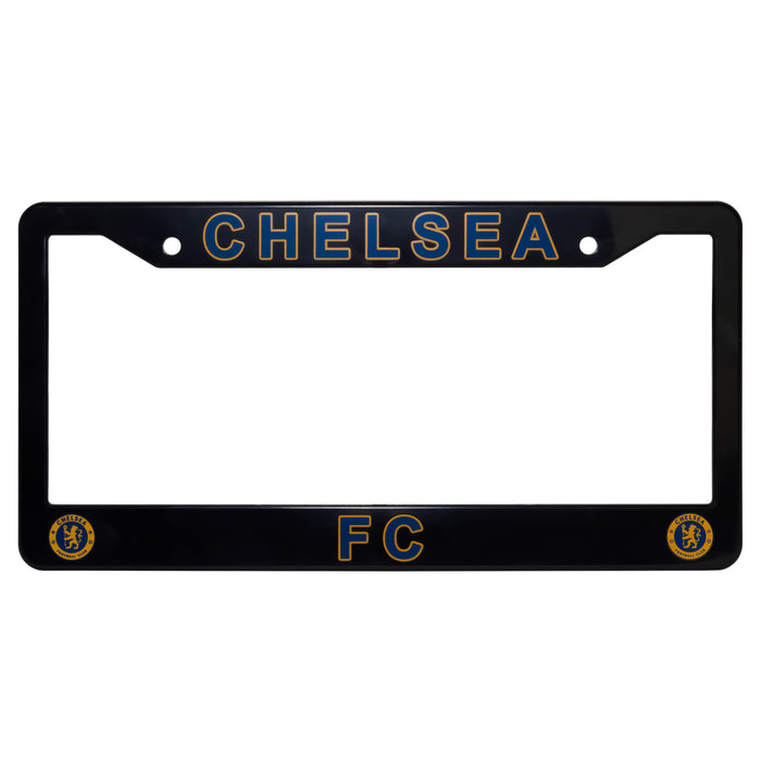 Black license plate frame with 'CHELSEA FC' text and logos on a white background
