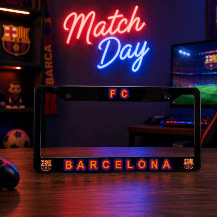 Neon sign reading 'Match Day' with a Barcelona-themed frame on a desk.