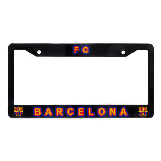 Black license plate frame with FC Barcelona logo and text on a white background