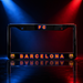 A black license plate frame featuring FC Barcelona branding, with 'FC' at the top and 'BARCELONA' in orange and blue lettering along the bottom, set against a dramatic red and blue spotlight background with a reflection below.