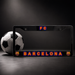 A black license plate frame featuring 'FC BARCELONA' in red and blue outlined lettering, with FC Barcelona crests on the corners, shown next to a soccer ball on a dark studio background.
