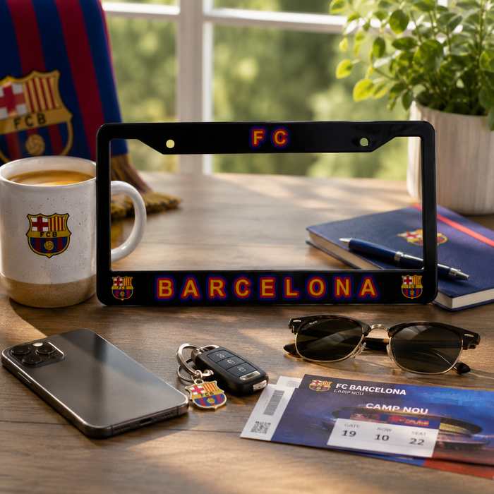 A black license plate frame featuring the FC Barcelona crest and 'FC BARCELONA' in red and yellow lettering, displayed on a wooden desk surrounded by a mug, sunglasses, keys, a phone, and a ticket.
