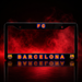 A black license plate frame featuring 'FC BARCELONA' in red and blue lettering, with FC Barcelona crests on the bottom corners, shown against a dark background with red smoke and reflections.