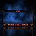 A black license plate frame featuring 'FC BARCELONA' in glowing orange and blue lettering, with FC Barcelona crests on both sides, set against a dark smoky background with a reflective surface below.