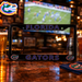 A black Florida Gators license plate frame on a wooden bar counter, with blurred beer glasses and a football game in the background.