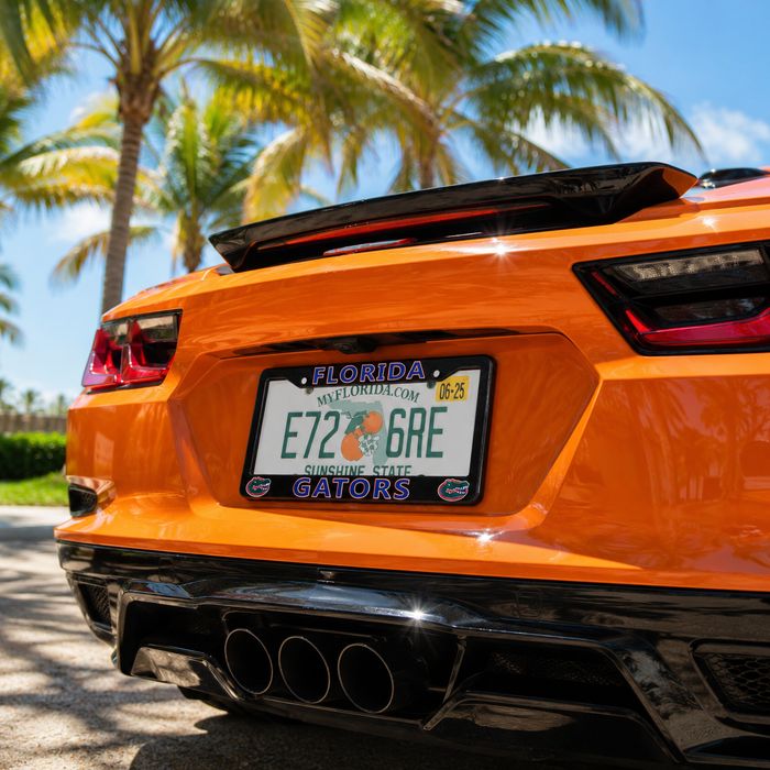 A close-up rear view of an orange sports car outdoors with palm trees and blue sky in the background. The car is shown from the back, featuring a black rear spoiler, dual exhaust pipes, and a custom Florida license plate with 'GATORS' branding.