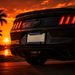 A black Ford Mustang GT rear view parked outdoors at sunset, showing a Florida license plate frame with Gators branding. The scene has a dramatic orange sunset sky, palm tree, and water reflection.